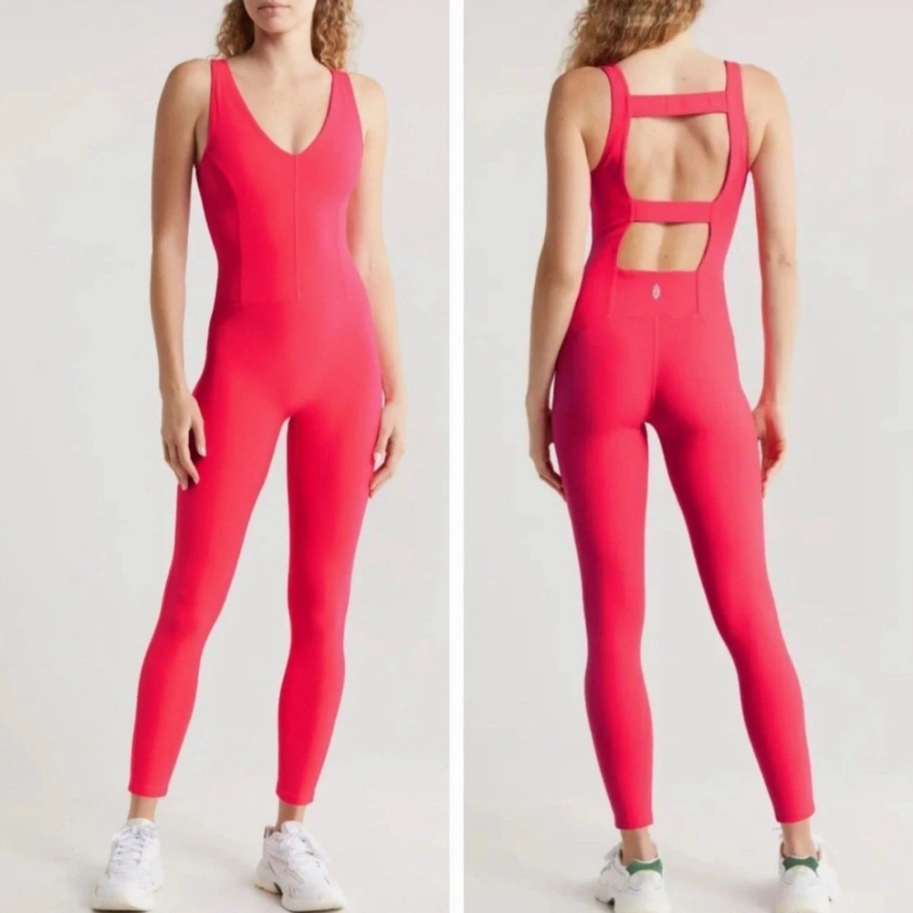 Vibrant Pink Womens M Jumpsuit by free people open back stretch athletic romper